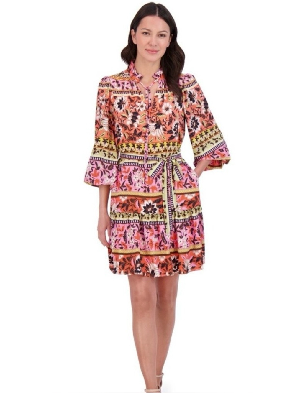 Vince Canuto Pink Floral Belted Mini Dress with Mixed Border Print size 12